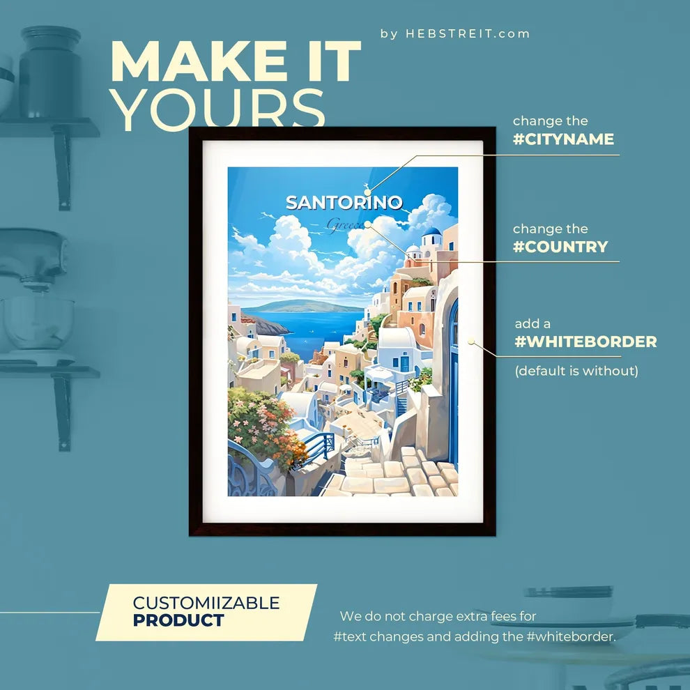 Santorino Greece Skyline - A Painting Of A Town On A Hill With A Body Of Water In The Background - Customizable Travel Gift Default Title