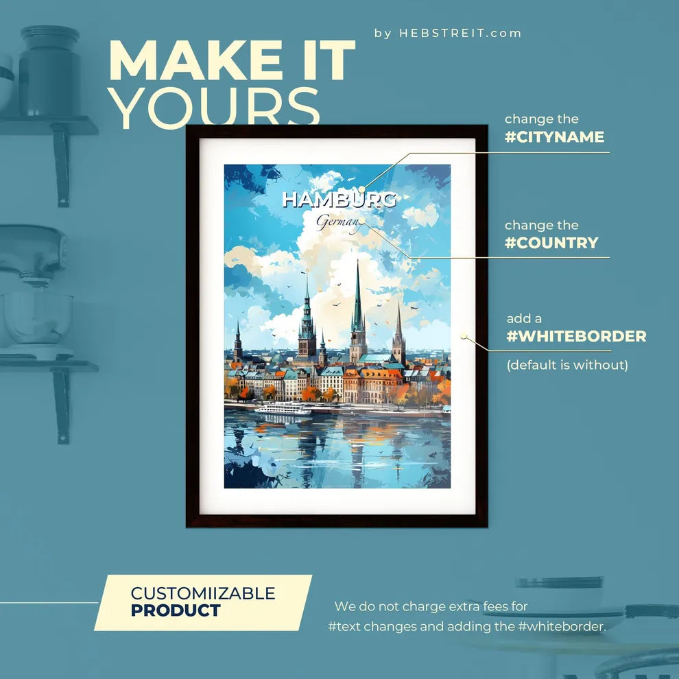 Hamburg Germany Skyline - A City With Towers And Trees By Water - Customizable Travel Gift Default Title