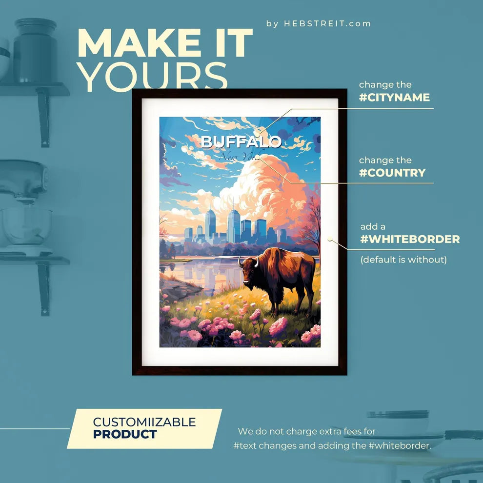Buffalo New York Skyline - A Buffalo Standing In A Grassy Field Next To A Body Of Water - Customizable Travel Gift Default Title