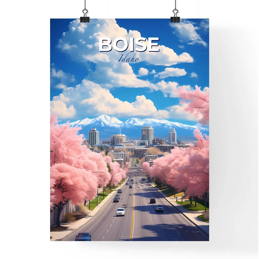 Boise Idaho Skyline - A Road With Pink Trees And Buildings In The Background - Customizable Travel Gift Default Title