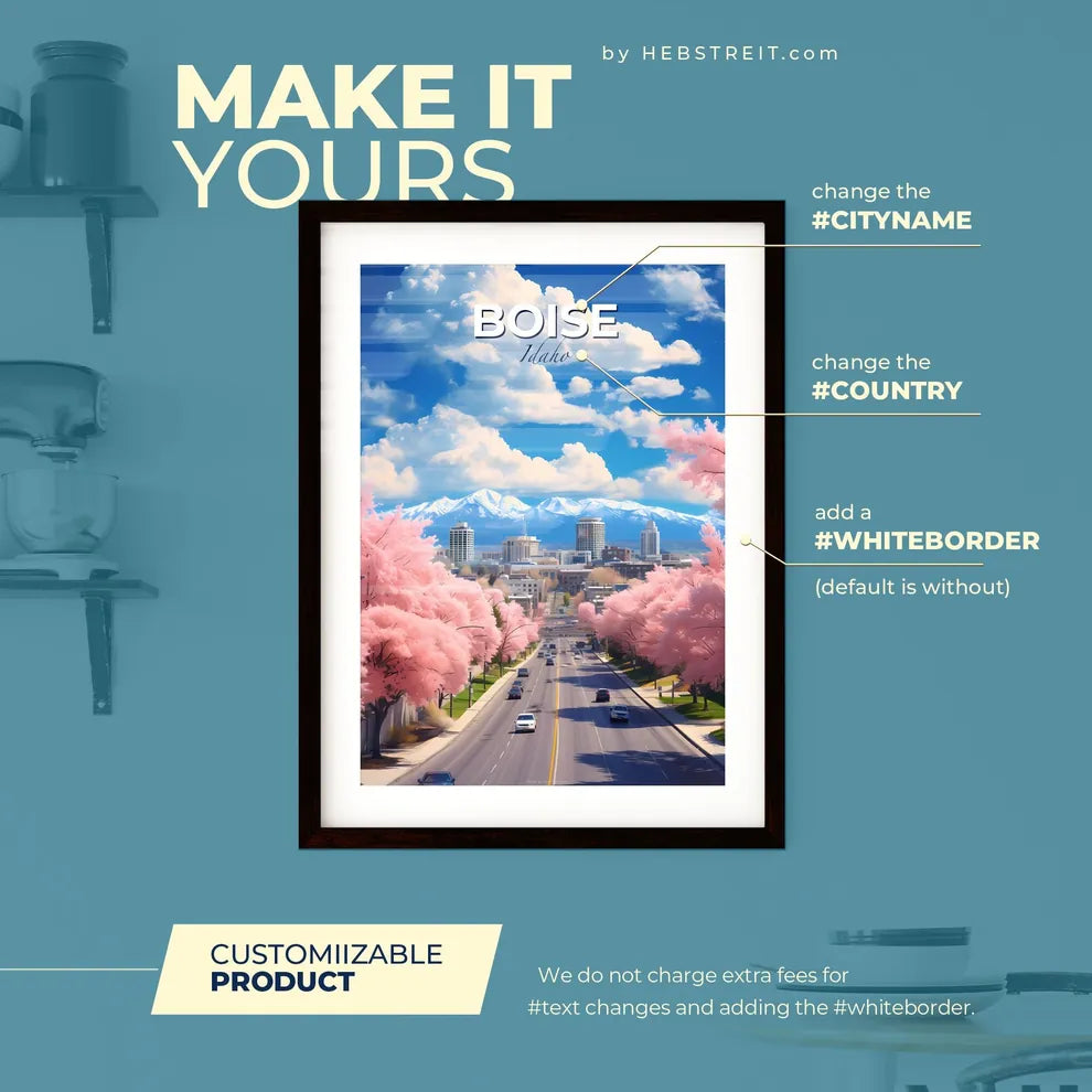 Boise Idaho Skyline - A Road With Pink Trees And Buildings In The Background - Customizable Travel Gift Default Title