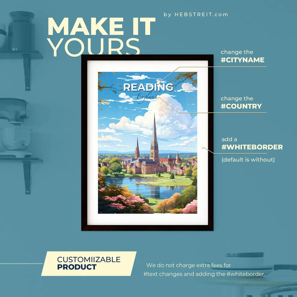 Reading England Skyline - A City With A Lake And Trees - Customizable Travel Gift Default Title