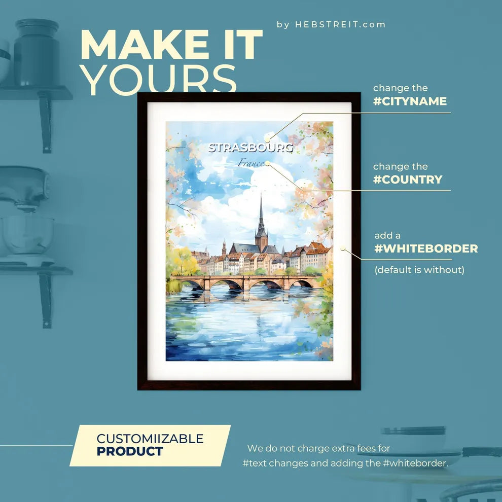 Strasbourg France Skyline - A Watercolor Of A Bridge Over A River With Buildings And Trees - Customizable Travel Gift Default Title