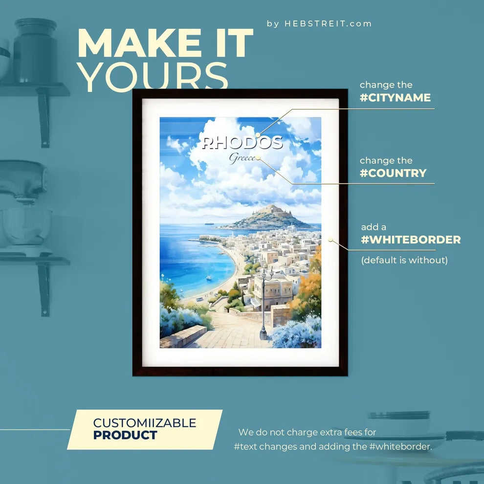 Rhodos Greece Skyline - A Watercolor Painting Of A City And A Beach - Customizable Travel Gift Default Title