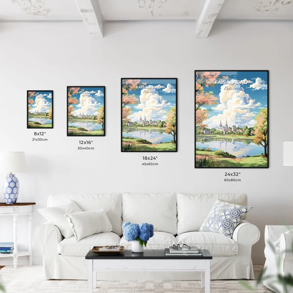 Faisalabad Pakistan Skyline - A Landscape Of A Lake With Trees And Buildings - Customizable Travel Gift Default Title