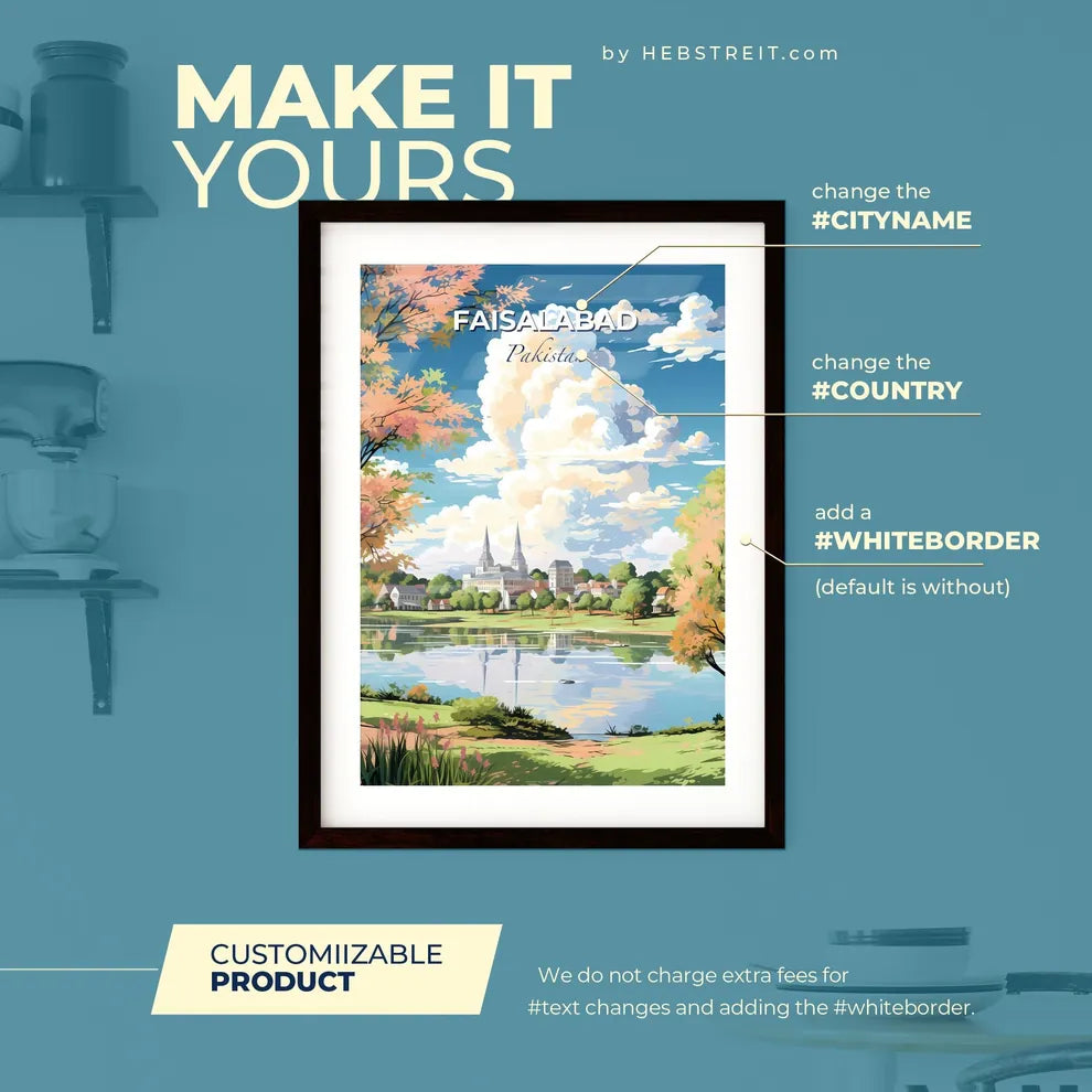 Faisalabad Pakistan Skyline - A Landscape Of A Lake With Trees And Buildings - Customizable Travel Gift Default Title