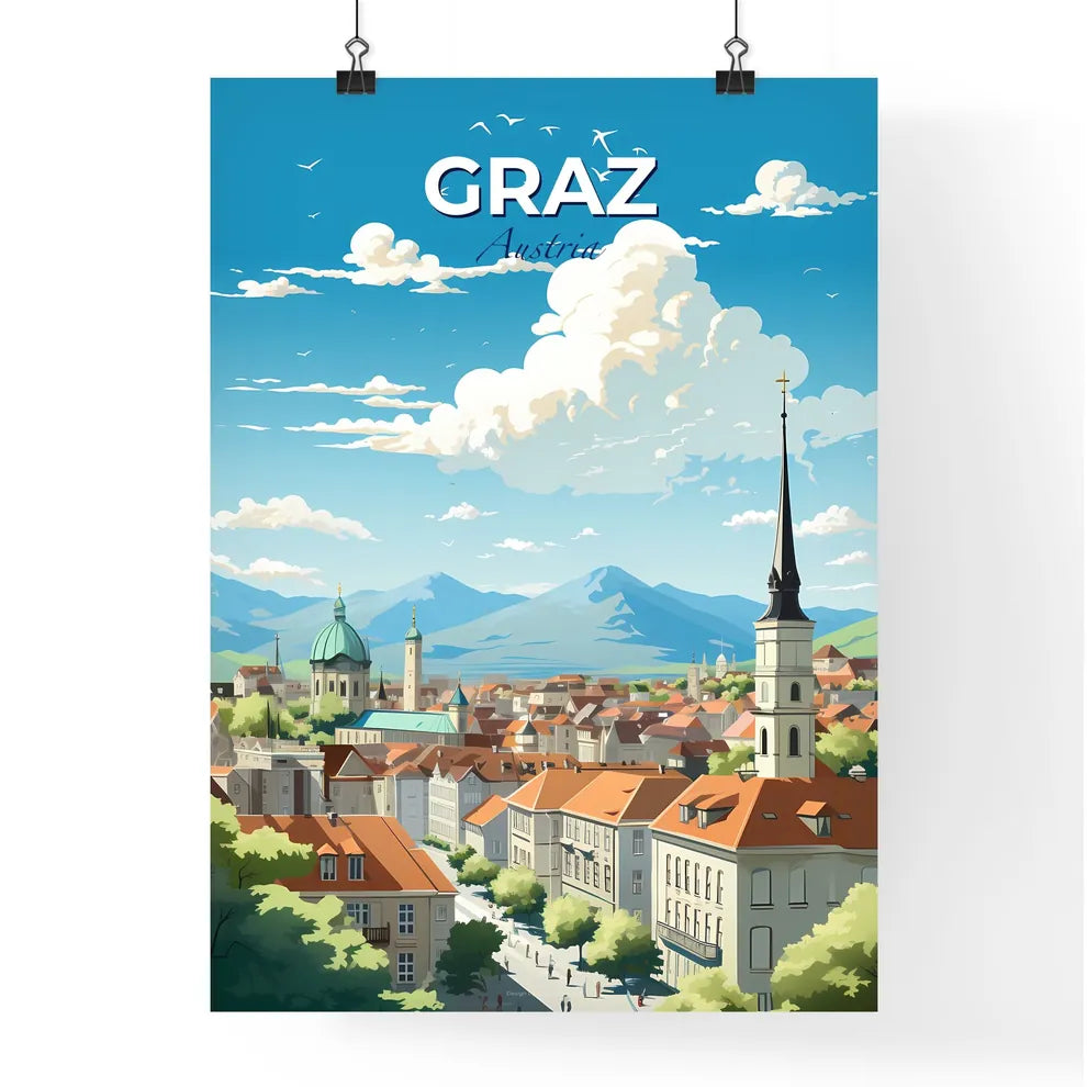 Graz Austria Skyline - A City With A Steeple And Mountains In The Background - Customizable Travel Gift Default Title
