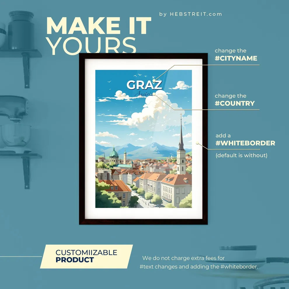 Graz Austria Skyline - A City With A Steeple And Mountains In The Background - Customizable Travel Gift Default Title