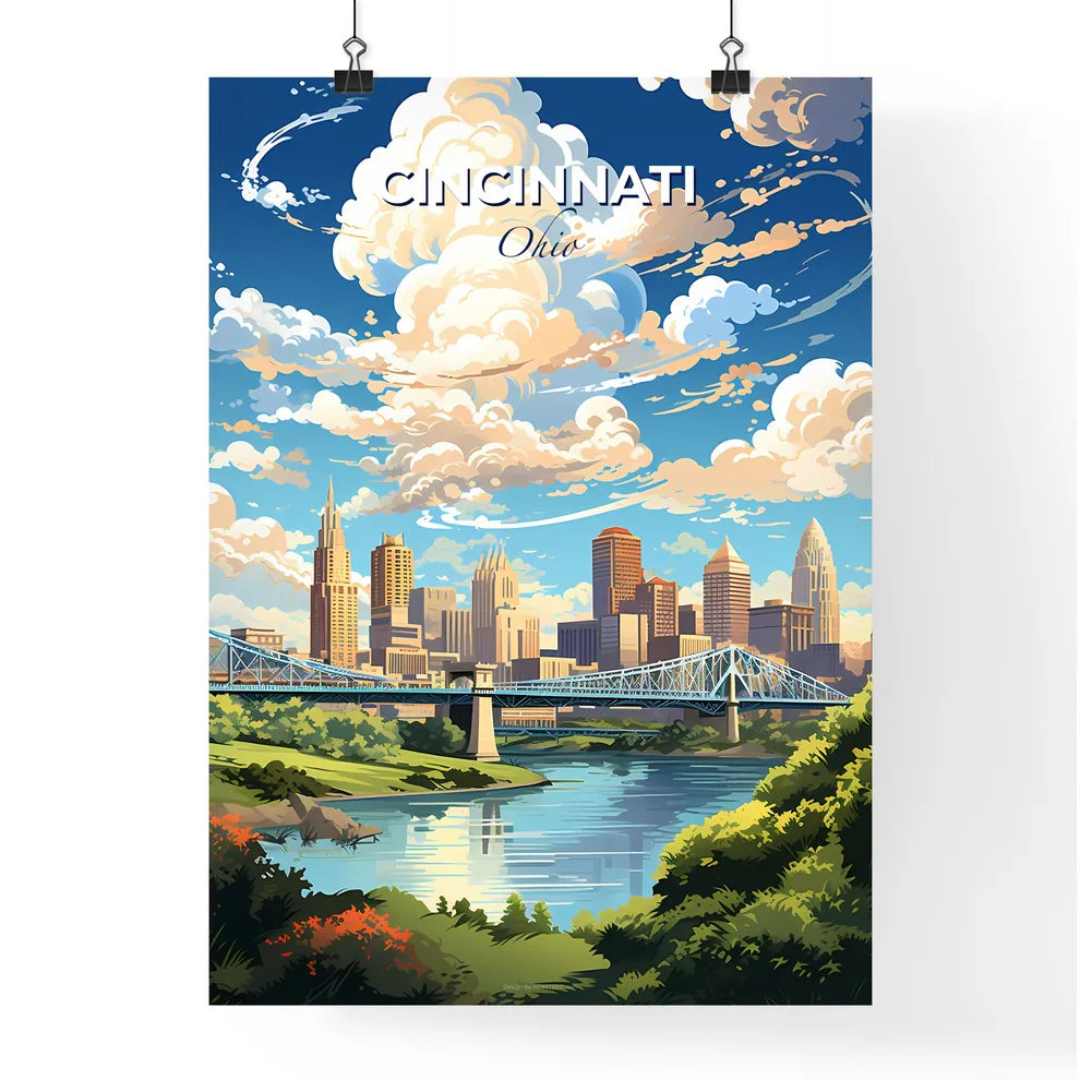Cincinnati Ohio Skyline - A Bridge Over A River With Trees And A City In The Background - Customizable Travel Gift Default Title