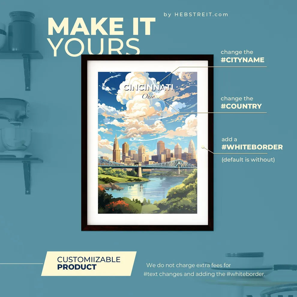 Cincinnati Ohio Skyline - A Bridge Over A River With Trees And A City In The Background - Customizable Travel Gift Default Title