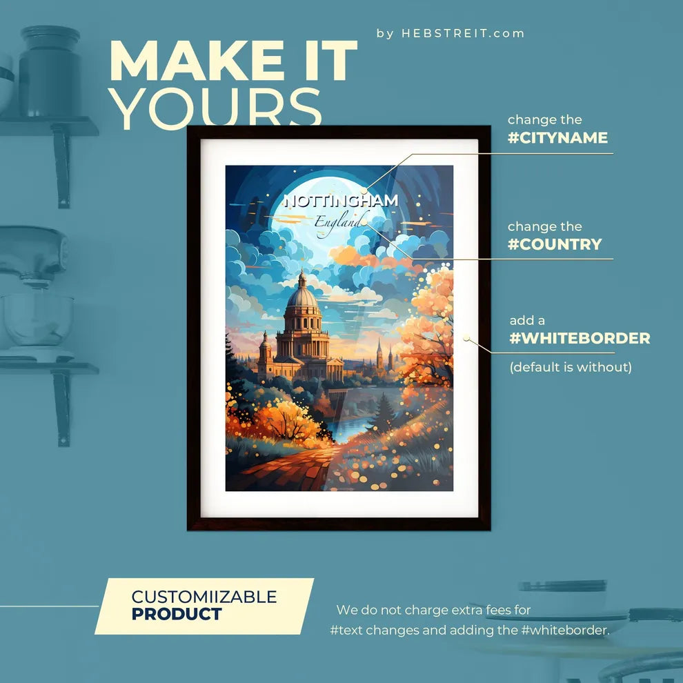 Nottingham England Skyline - A Painting Of A Building With A Dome And Trees - Customizable Travel Gift Default Title