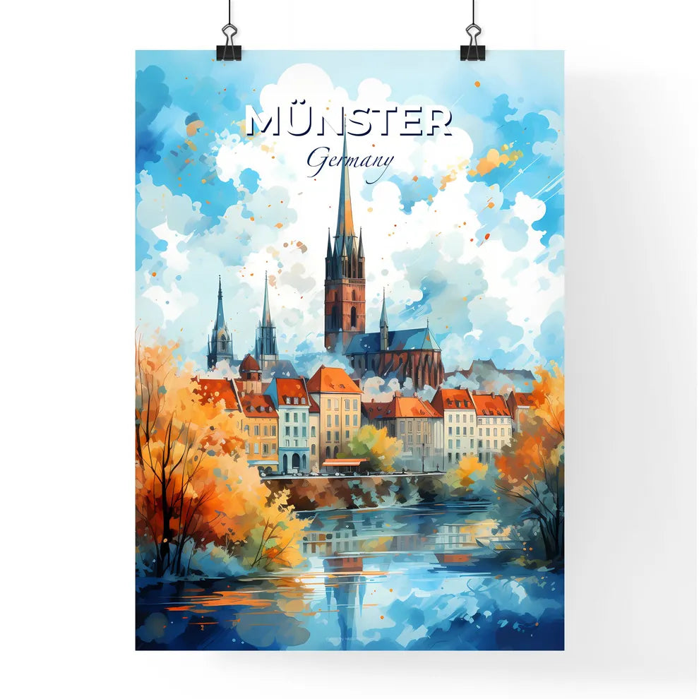 Münster Germany Skyline - A Painting Of A City With A Church And A River - Customizable Travel Gift Default Title
