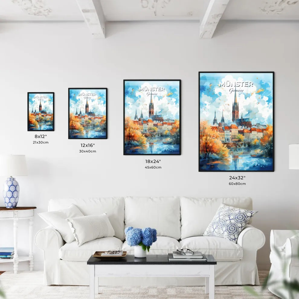 Münster Germany Skyline - A Painting Of A City With A Church And A River - Customizable Travel Gift Default Title