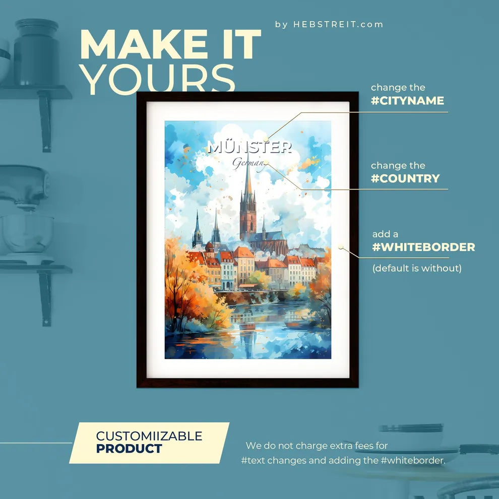 Münster Germany Skyline - A Painting Of A City With A Church And A River - Customizable Travel Gift Default Title