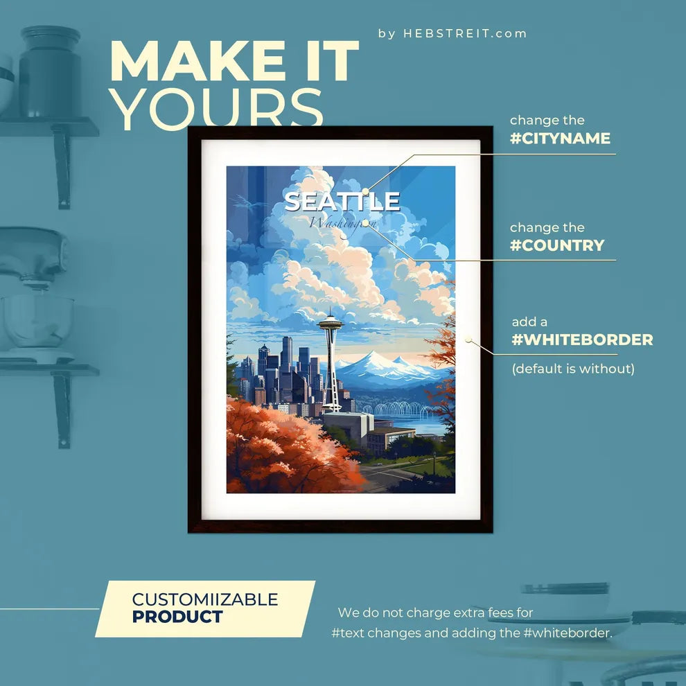 Seattle Skyline - A City Skyline With A Tall Tower And A Body Of Water - Customizable Travel Gift Default Title