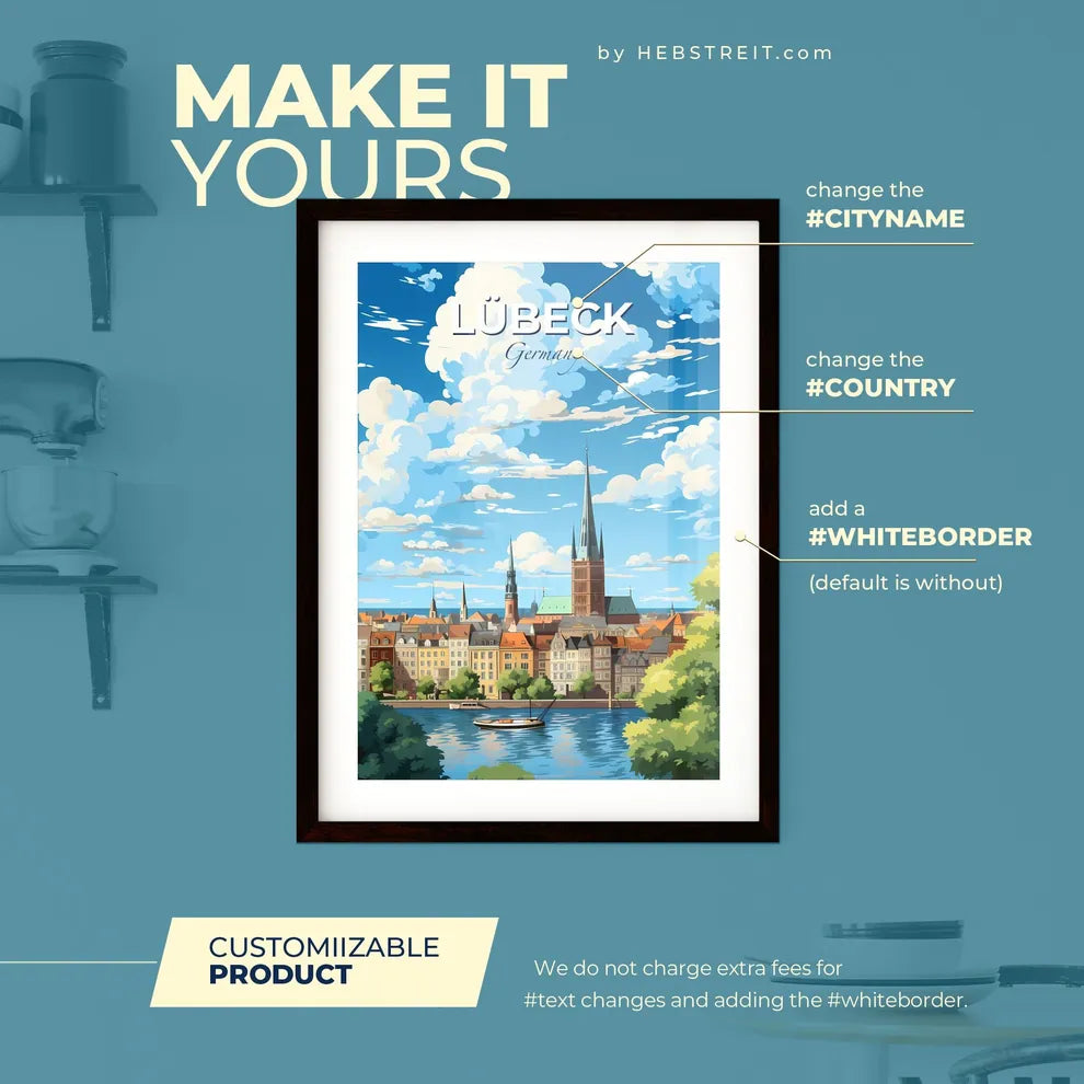 Lubeck Germany Skyline - A City With A Boat On The Water - Customizable Travel Gift Default Title