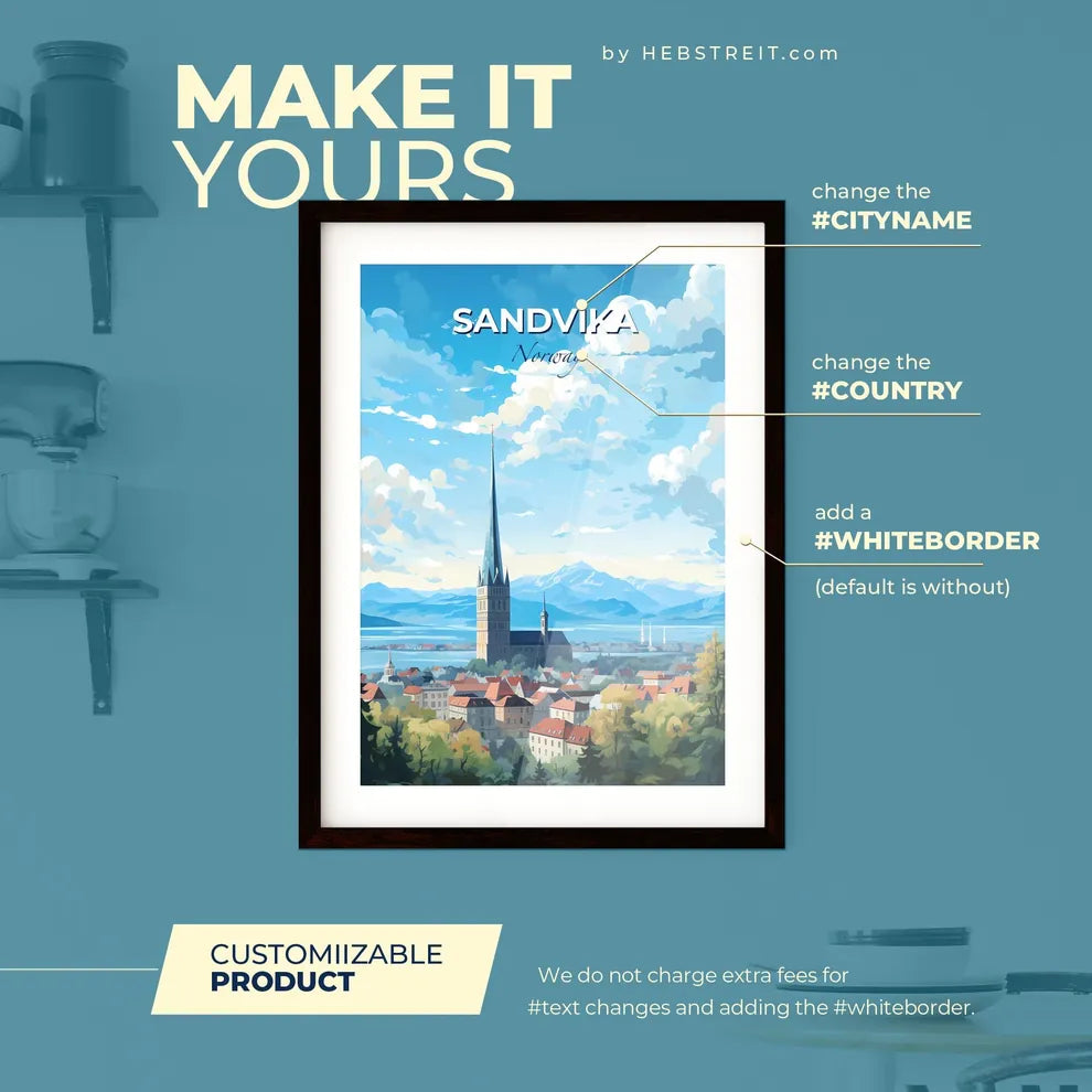 Sandvika Norway Skyline - A City With A Tall Tower And A Lake And Mountains - Customizable Travel Gift Default Title