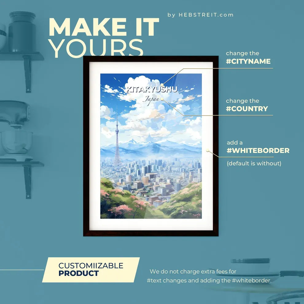 Kitakyushu Japan Skyline - A City Landscape With Mountains And A Tower - Customizable Travel Gift Default Title