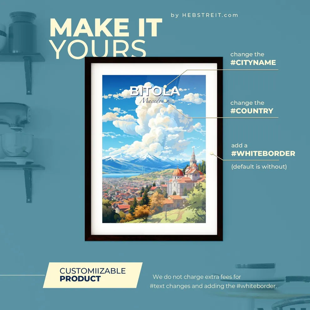 Bitola Macedonia Skyline - A City With A Church And Mountains In The Background - Customizable Travel Gift Default Title