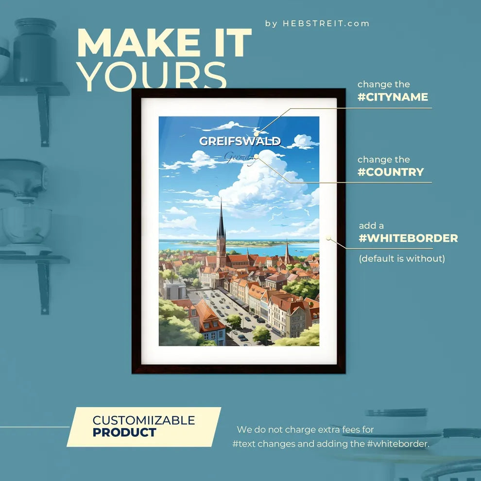 Greifswald Germany Sklyine - A City With A Tower And A Body Of Water - Customizable Travel Gift Default Title