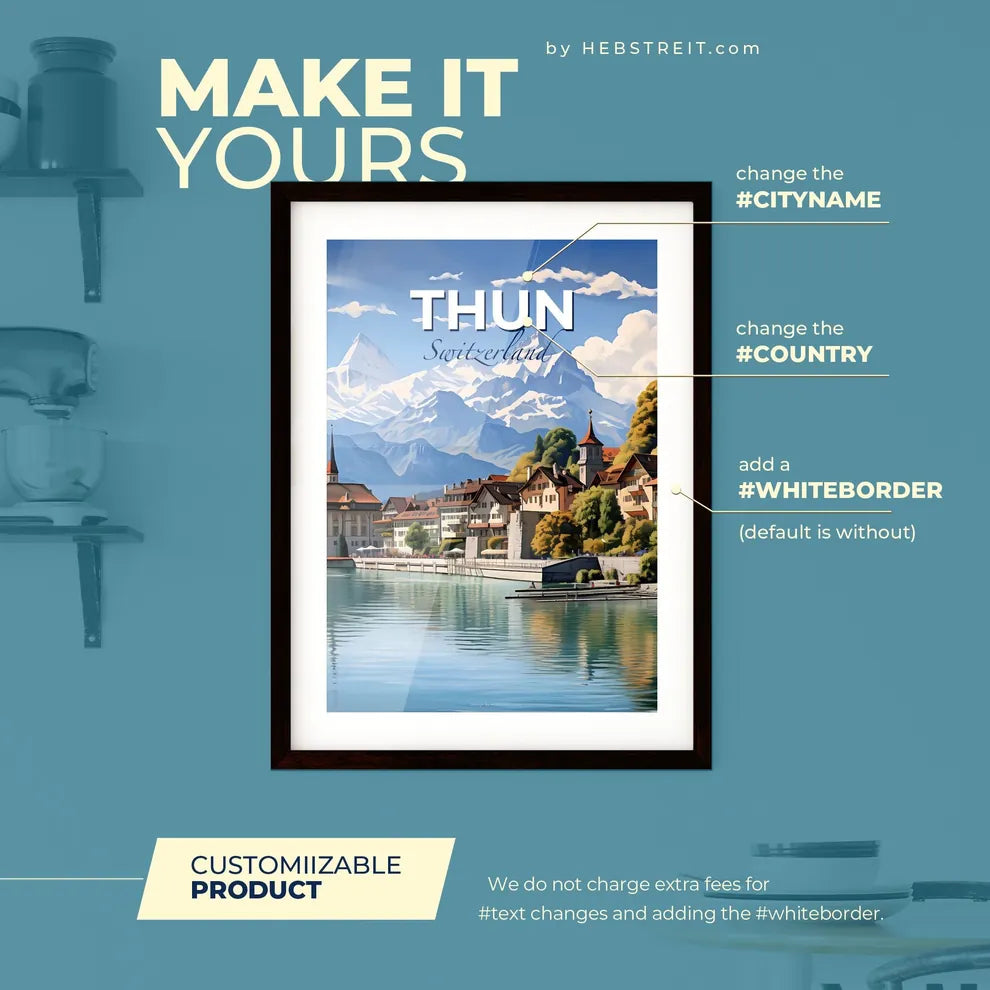 Thun Switzerland Skyline - A Town Next To A Lake - Customizable Travel Gift Default Title