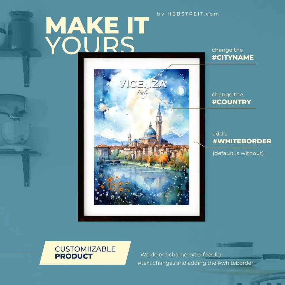 Vicenza Italy Skyline - A Watercolor Painting Of A Castle And A River - Customizable Travel Gift Default Title