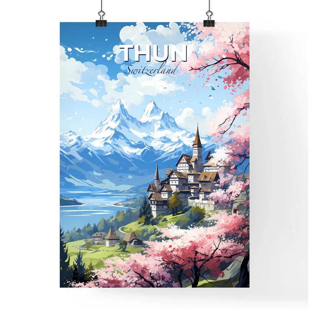 Thun Switzerland Skyline - A Landscape Of A Mountain And A Lake With A Town And Trees - Customizable Travel Gift Default Title