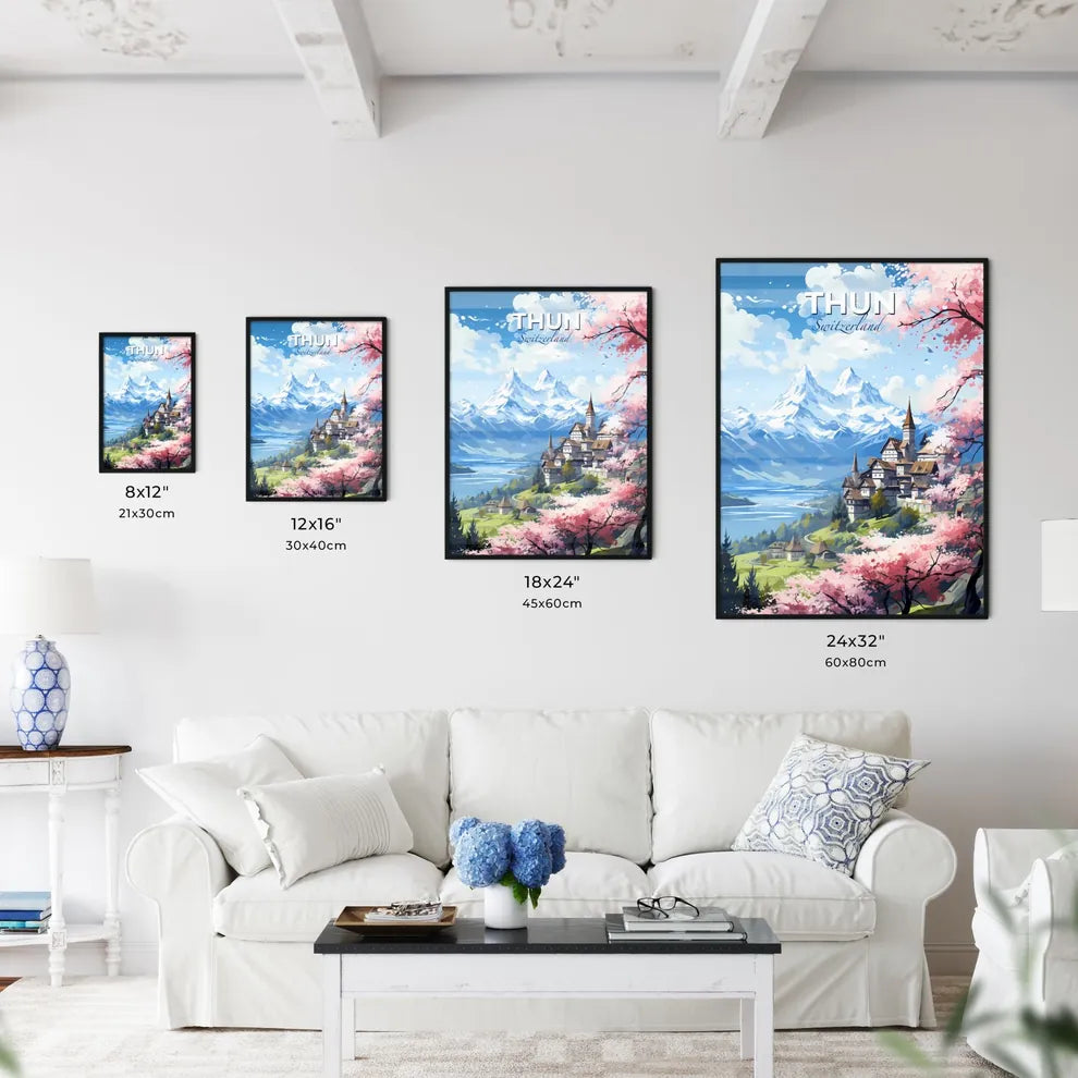 Thun Switzerland Skyline - A Landscape Of A Mountain And A Lake With A Town And Trees - Customizable Travel Gift Default Title