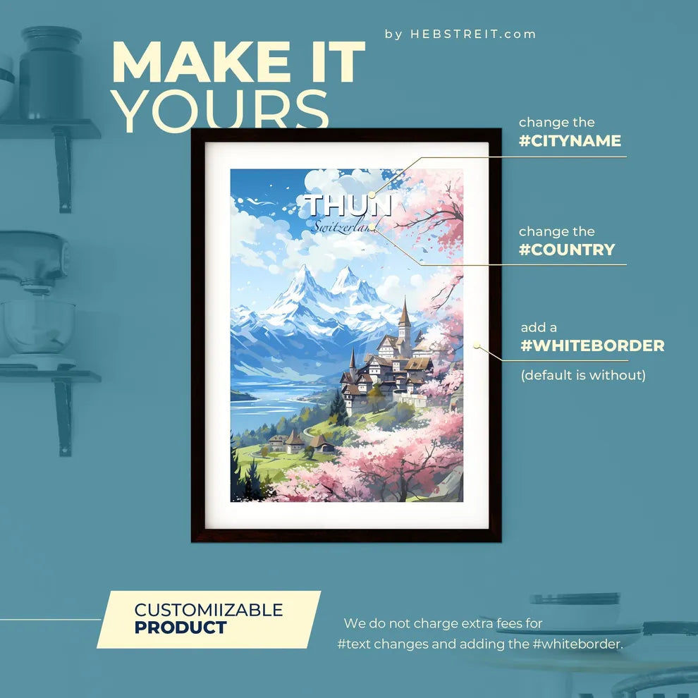 Thun Switzerland Skyline - A Landscape Of A Mountain And A Lake With A Town And Trees - Customizable Travel Gift Default Title