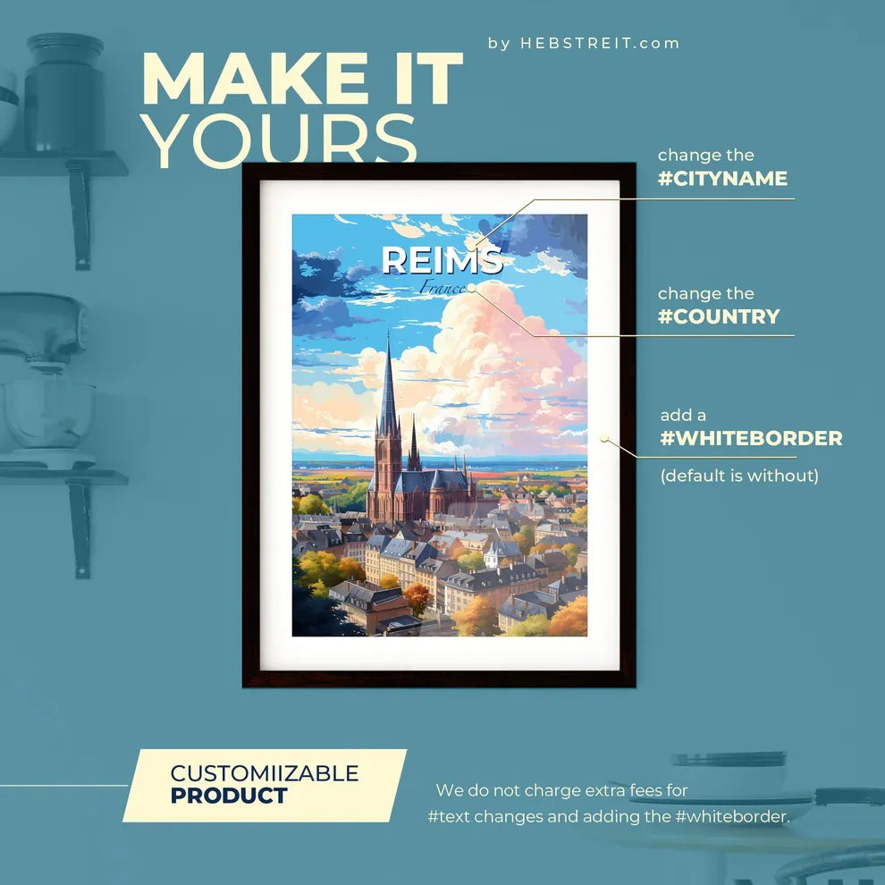 Reims France Skyline - A City With A Church And Trees - Customizable Travel Gift Default Title