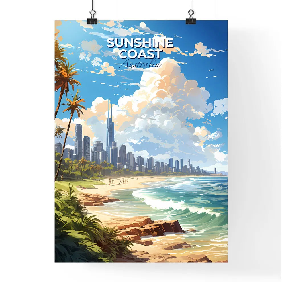 Sunshine Coast Australia Skyline - A Beach With Palm Trees And Buildings - Customizable Travel Gift Default Title