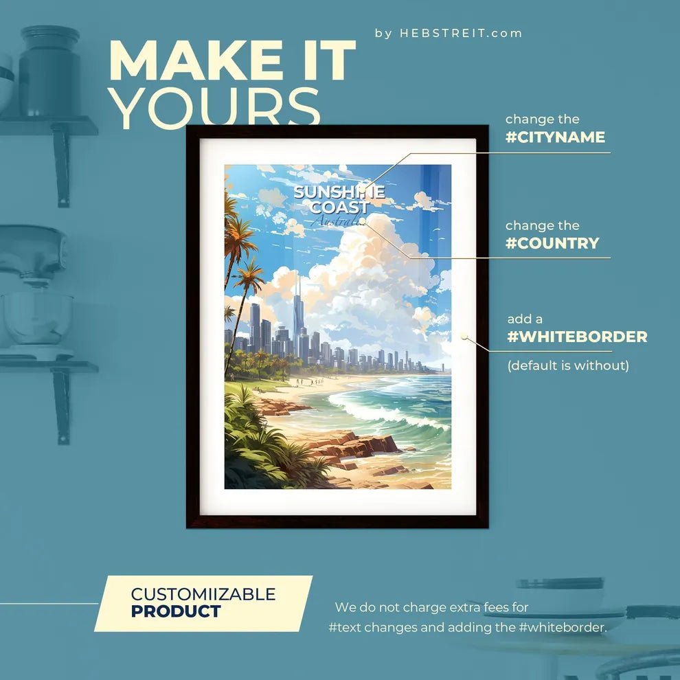 Sunshine Coast Australia Skyline - A Beach With Palm Trees And Buildings - Customizable Travel Gift Default Title