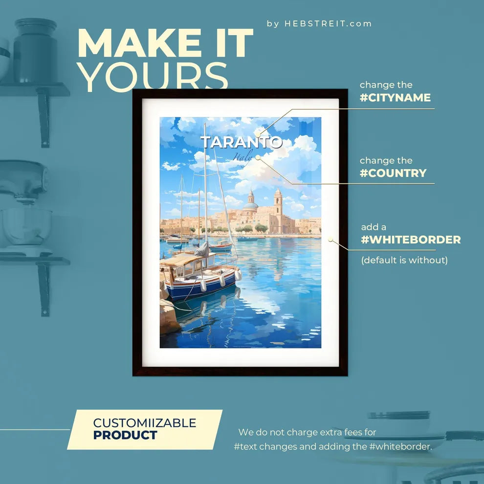 Taranto Italy Skyline - A Painting Of A Harbor With Boats And Buildings In The Background - Customizable Travel Gift Default Title