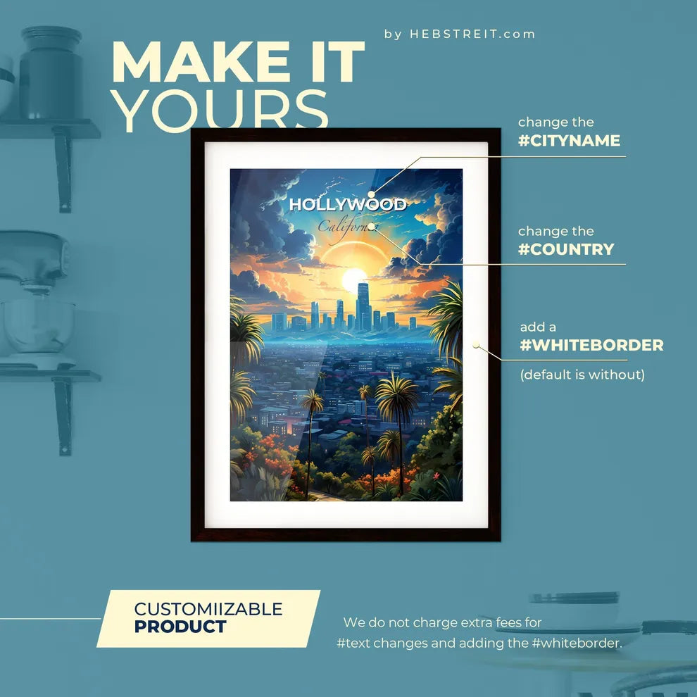 Hollywood CA Skyline - A City With Palm Trees And Buildings - Customizable Travel Gift Default Title