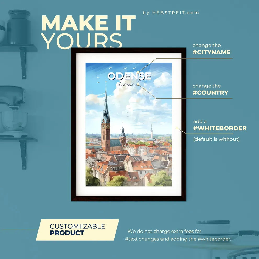 Odense Danmark Skyline - A City With A Clock Tower - Customizable Travel Gift Default Title