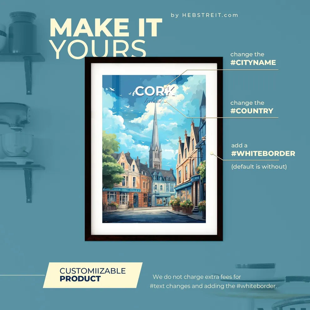 Cork Ireland Skyline - A Street With Buildings And A Tall Tower - Customizable Travel Gift Default Title