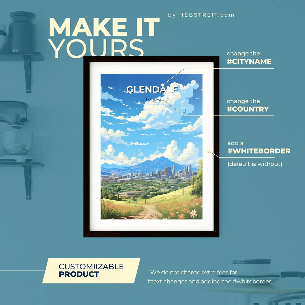 Glendale Arizona Skyline - A Landscape Of A City With A Mountain In The Background - Customizable Travel Gift Default Title