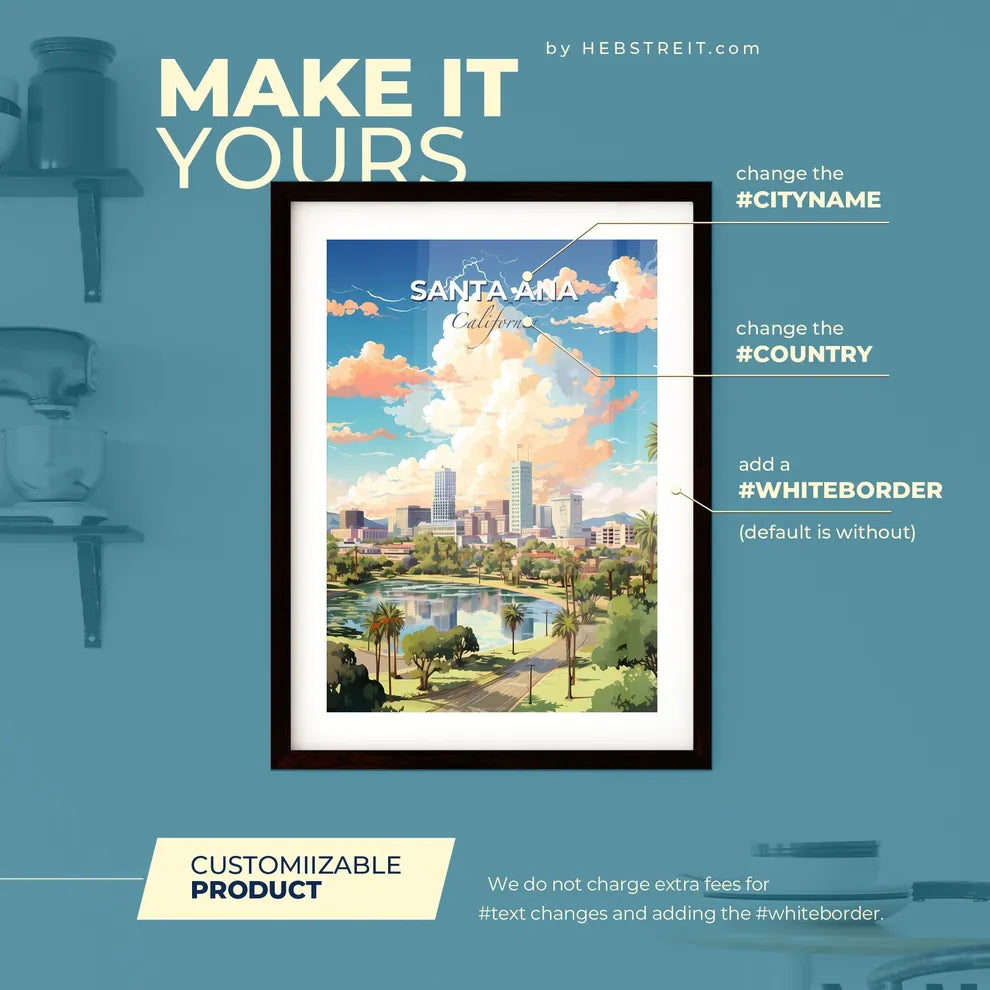 Santa Ana California Skyline - A City With Trees And A Lake - Customizable Travel Gift Default Title