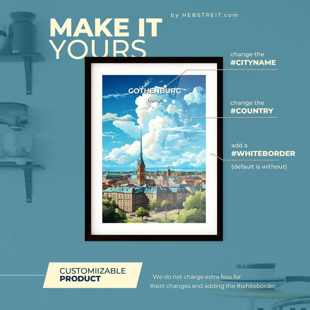 Gothenburg Sverige Skyline - A City With A Tall Spire - Customizable Travel Gift Default Title