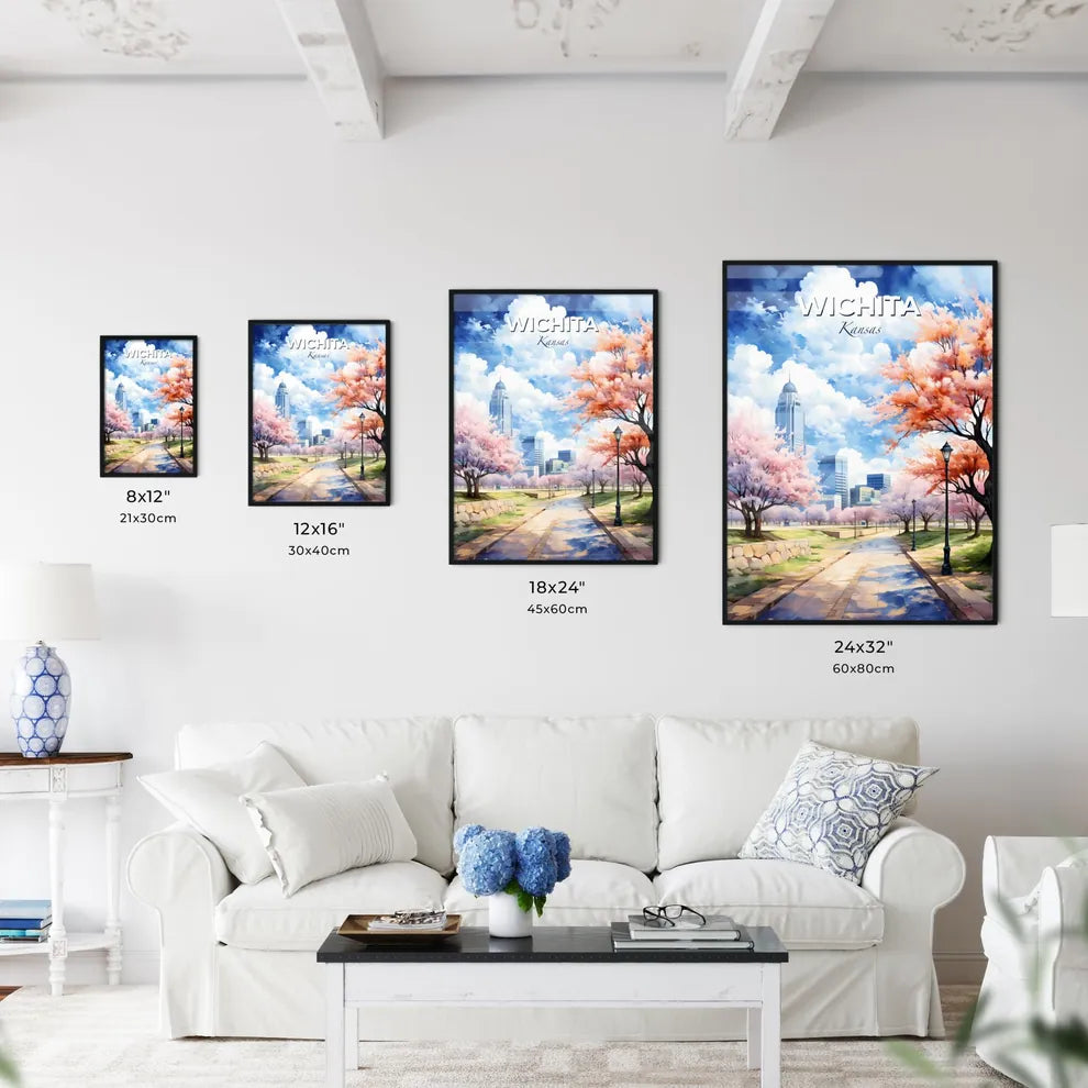 Wichita Kansas Skyline - A Park With Pink Trees And A City In The Background - Customizable Travel Gift Default Title