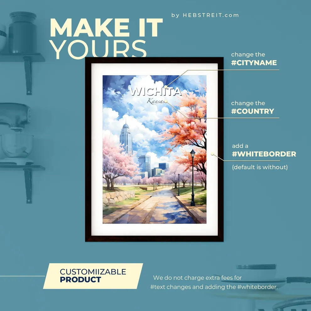 Wichita Kansas Skyline - A Park With Pink Trees And A City In The Background - Customizable Travel Gift Default Title