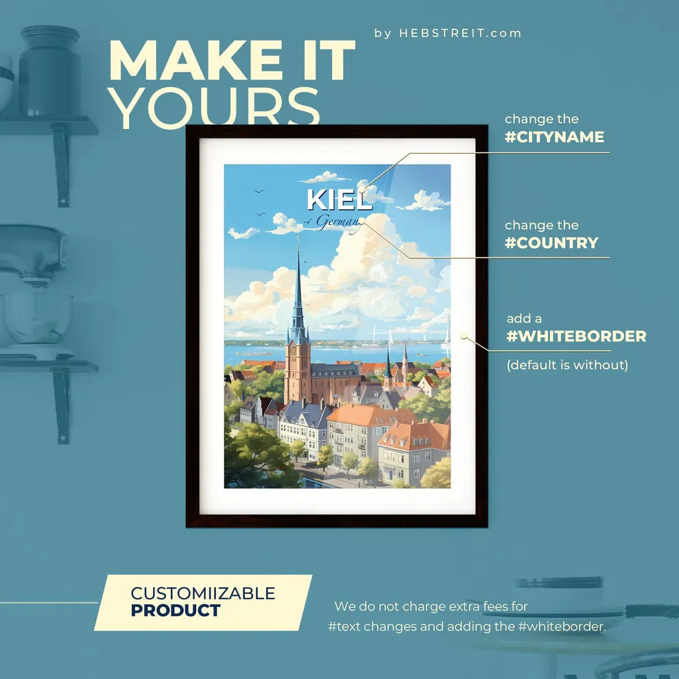 Kiel Germany Skyline - A City With A Tall Tower And Trees And Water - Customizable Travel Gift Default Title