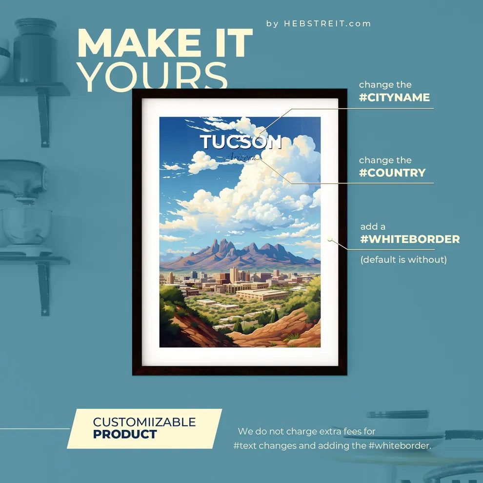 Tucson Arizona Skyline - A Landscape Of A City With Mountains In The Background - Customizable Travel Gift Default Title