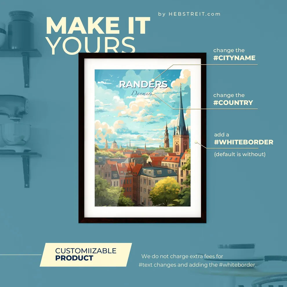 Randers Danmark Skyline - A City With A Tower And Trees - Customizable Travel Gift Default Title