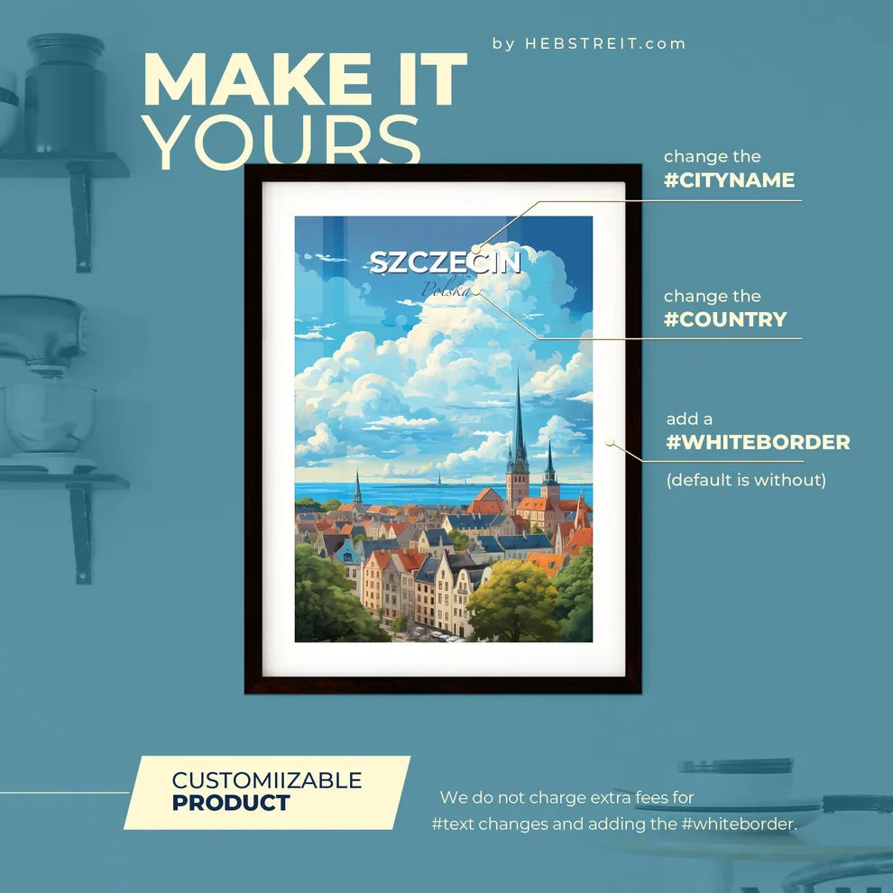 Szczecin Polska Skyline - A City With A Tall Spire And A Body Of Water - Customizable Travel Gift Default Title