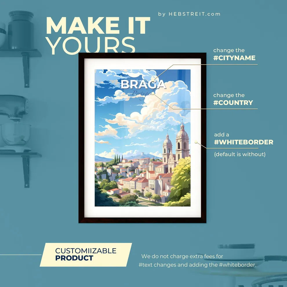 Braga Portugal Skyline - A City With A Church And Trees - Customizable Travel Gift Default Title