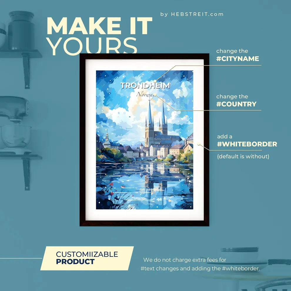 Trondheim Norway Skyline - A Painting Of A Town With A Castle And A Lake - Customizable Travel Gift Default Title