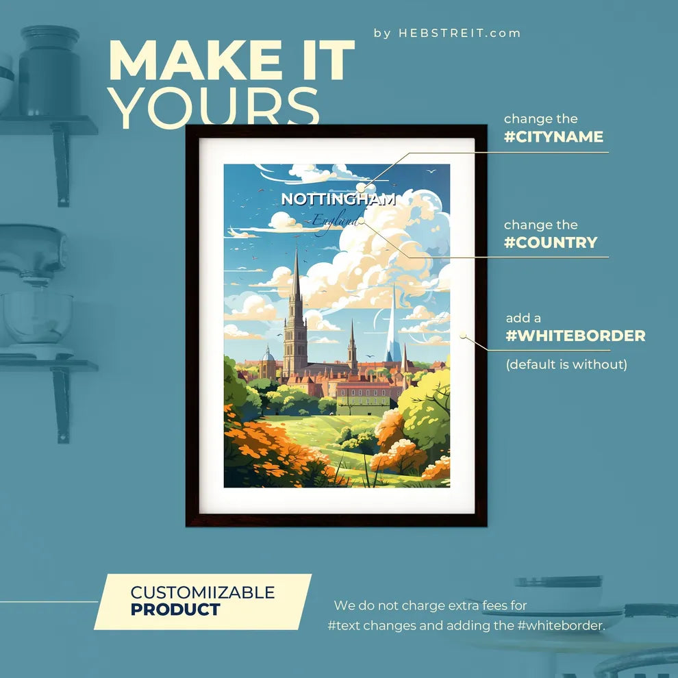 Nottingham England Skyline - A Landscape Of A City With Trees And Buildings - Customizable Travel Gift Default Title