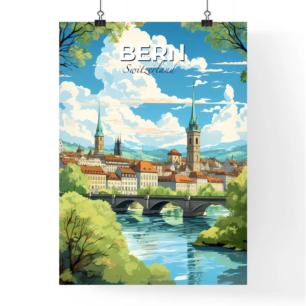 Bern Switzerland Skyline - A Bridge Over A River With Trees And Buildings - Customizable Travel Gift Default Title