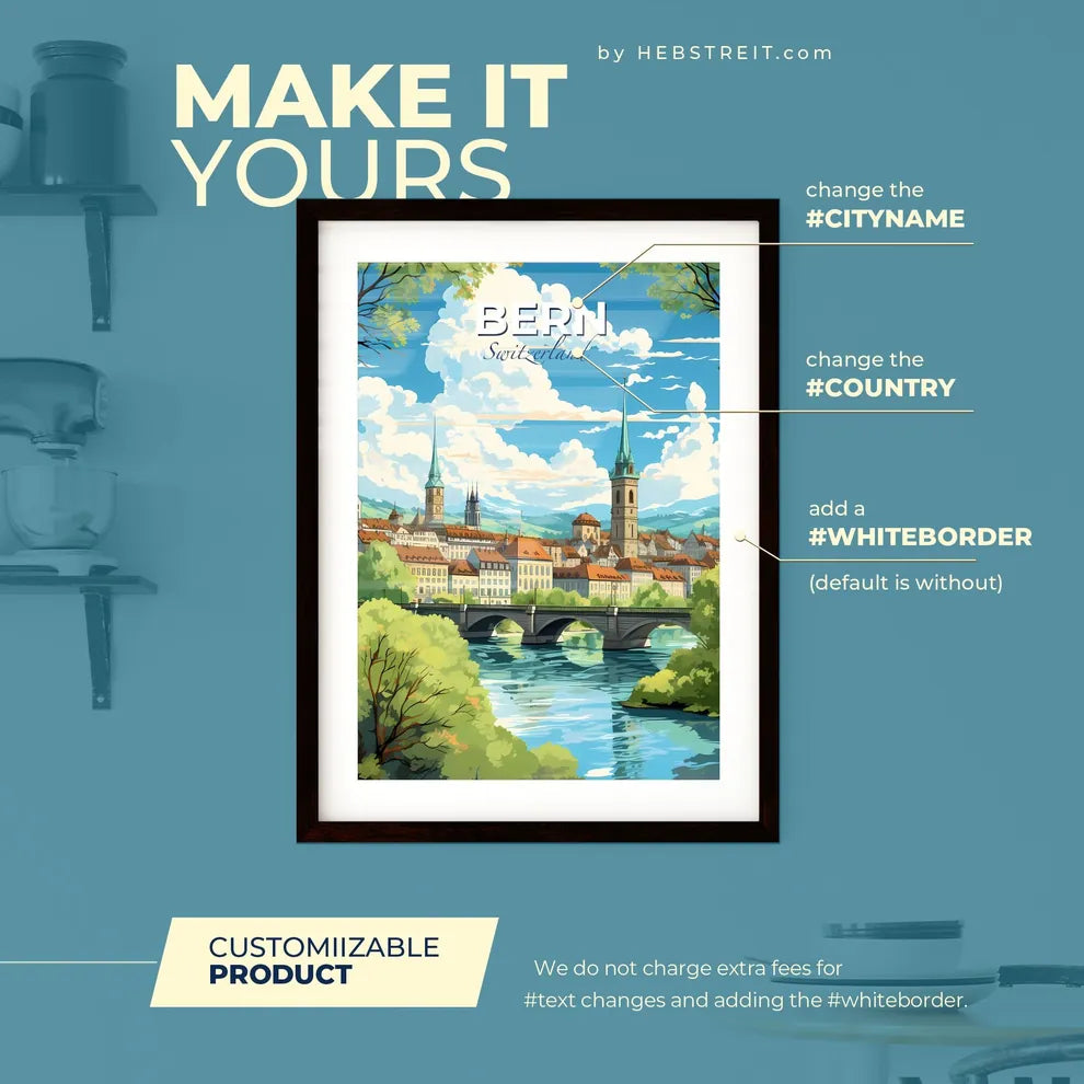 Bern Switzerland Skyline - A Bridge Over A River With Trees And Buildings - Customizable Travel Gift Default Title